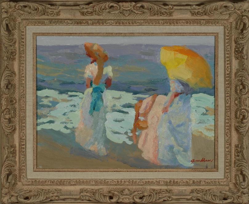 jane shuss, beach scene, impressionest, bold, bright, color.